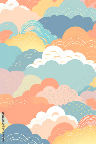 Fotografiet Patrón de nubes estilo ilustración infantil con colores pastel