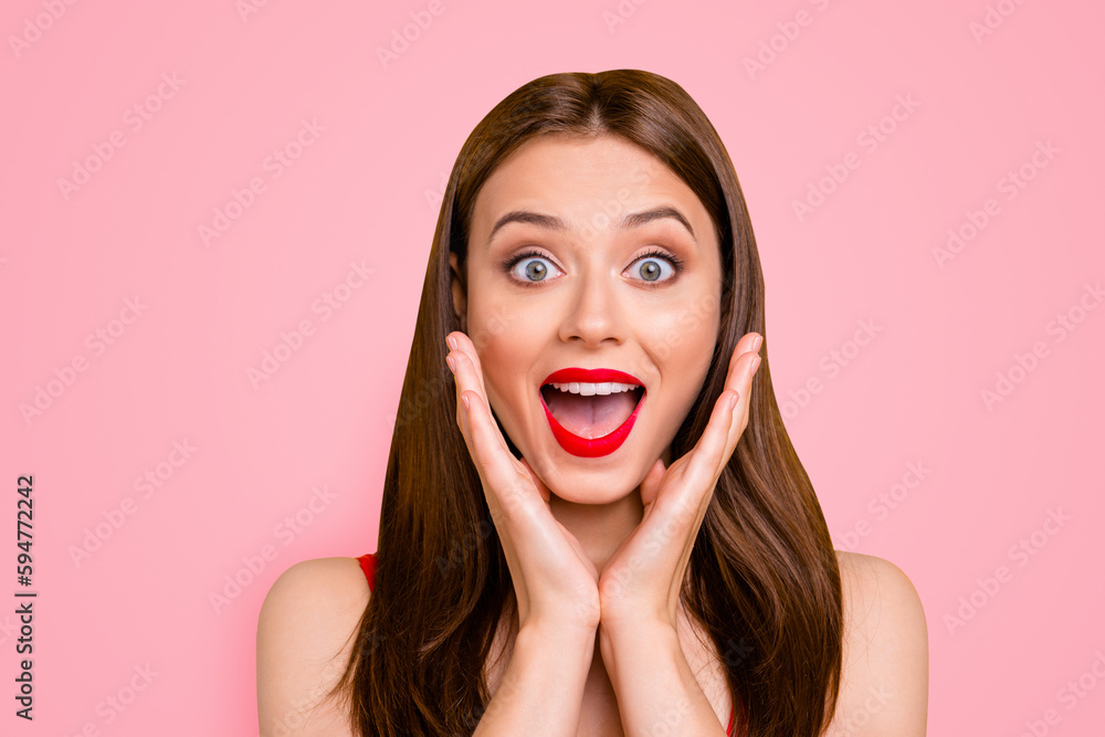 Wow omg I It's unbelievable incredible Close up photo portrait of beautiful sexy funny funky comic pretty gorgeous crazy mad about shopping lady with ideal smooth skin isolated on vivid background Wow omg I It's unbelievable incredible Close up photo portrait of beautiful sexy funny funky comic pretty gorgeous crazy mad about shopping lady with ideal smooth skin isolated on vivid background