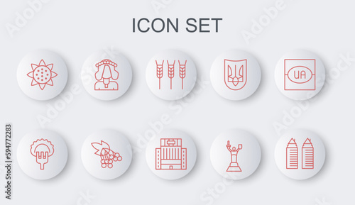 Set line Two towers in Dnipro, Dumplings on fork, Wheat, Mother Motherland monument, Sunflower, Ukrainian woman, Branch viburnum and Hotel Ukraina building icon. Vector