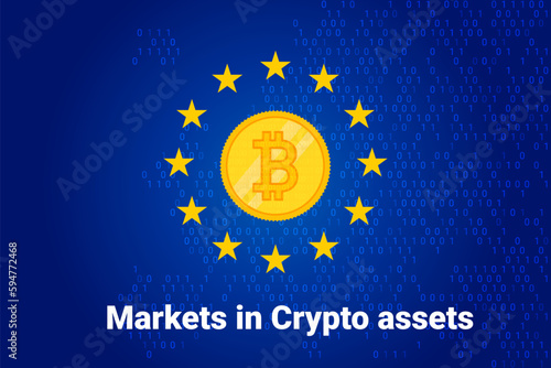 Obraz na płótnie MiCA - Markets in Crypto assets regulation flag of European Union and map of Europe background. Eu sign w salonie