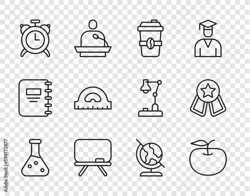 Set line Test tube, Apple, Coffee cup to go, Chalkboard, Alarm clock, Protractor grid, Earth globe and Medal with star icon. Vector