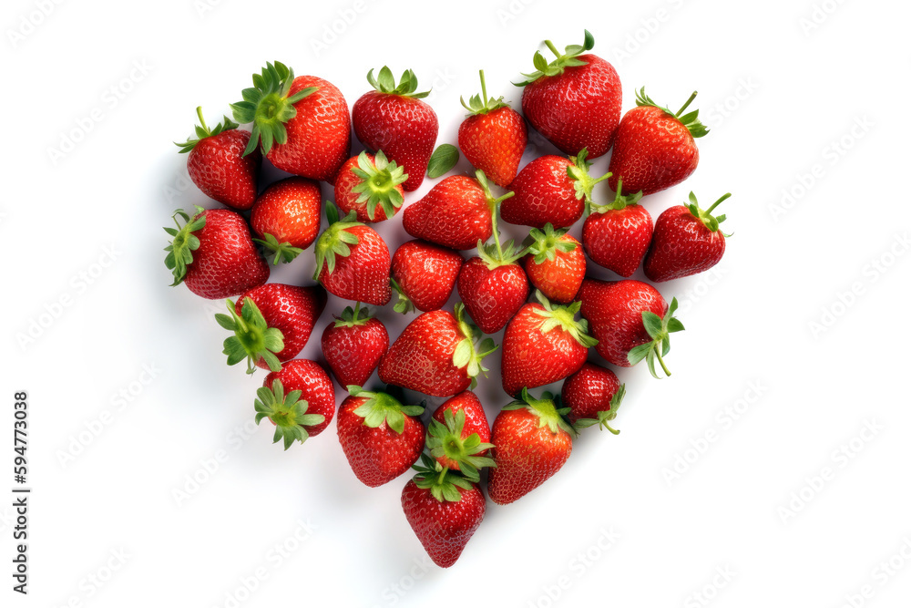 Fresh strawberries in the shape of a heart on a white background. Top view. Generative AI Fresh strawberries in the shape of a heart on a white background. Top view. Generative AI