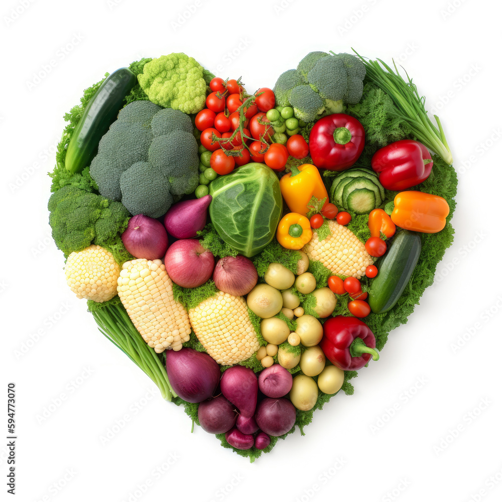 Different vegetables lie on white background in the form of heart. Top view. Generative AI Different vegetables lie on white background in the form of heart. Top view. Generative AI