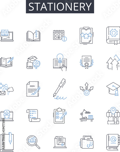 Stationery line icons collection. Paper goods, Writing tools, Office supplies, Pen set, Desk accessories, Correspondence items, Writing materials vector and linear illustration. School supplies,Art