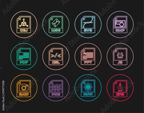 Set line EPS file document, JS, SVG, XSL, PDF, OBJ, PPT and MSG icon. Vector