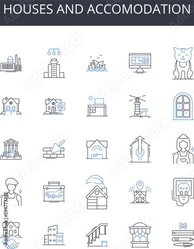 Houses and accomodation line icons collection. Residences, Dwellings, Homes, Apartments, Condos, Cottages, Bungalows vector and linear illustration. Villas,Mansions,Castles outline signs set