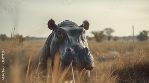 Hippo in a cinematic savanna background with beautiful colors generative ai © Hixel