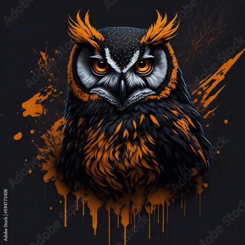T-shirt design with realistic owl portrait. Colorful print design of owl bird head on dark background. AI generated illustration