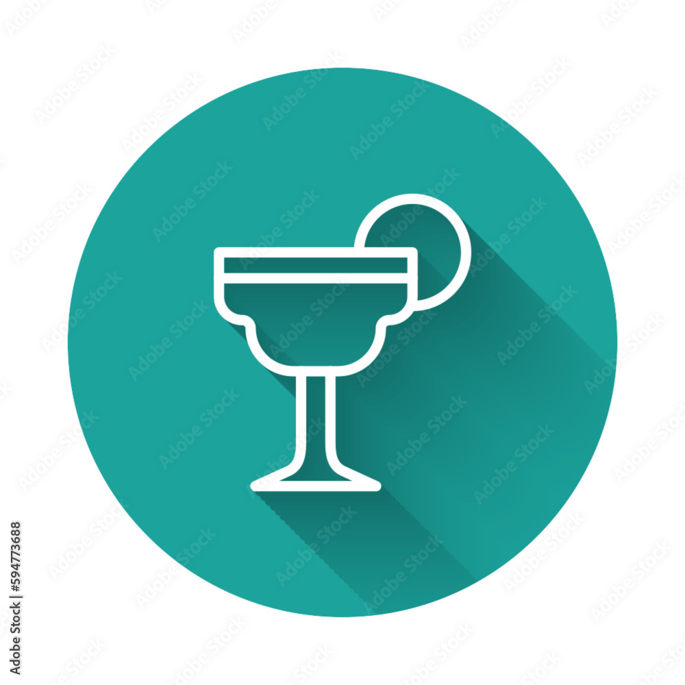 White line Margarita cocktail glass with lime icon isolated with long shadow background. Green circle button. Vector White line Margarita cocktail glass with lime icon isolated with long shadow background. Green circle button. Vector