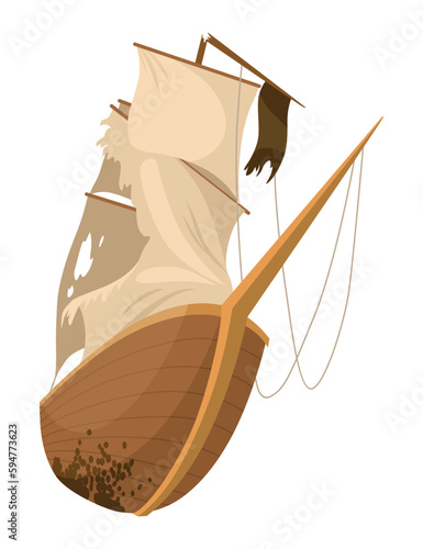 Broken ship icon. Cartoon wooden battered ship with tattered flag and sails after wreck or attack. Destroyed, wreck ship isolated on white background
