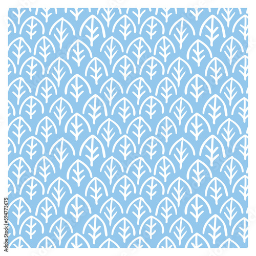 Seamless pattern of sharp scales or leaves in white on a blue background.