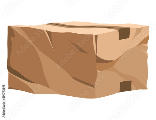 Damaged cardboard box. Crumpled brown bag for storage. Retail, logistics, delivery, storage concept. Cartoon broken package. Wrinkled container. Vector poor quality delivery or warehouse storage