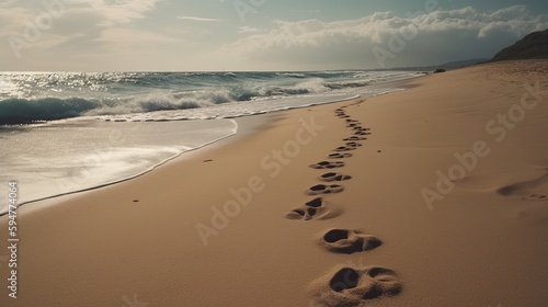 beach, wave and footprints at sunset time. AI generated