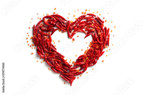 Red chili peppers in the shape of a heart on a white background. Top view. Generative AI