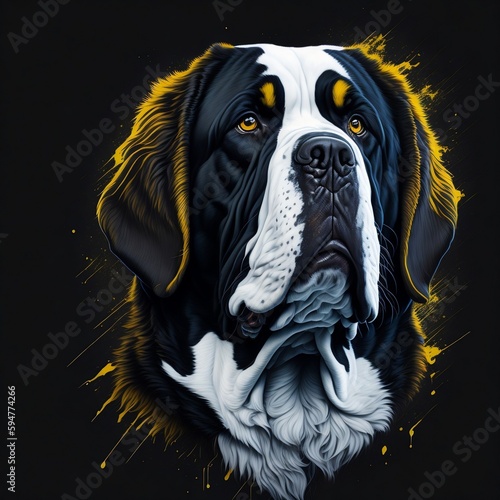 T-shirt design with realistic saint bernard portrait. Colorful print design of saint bernard, dog head on dark background. AI generated illustration