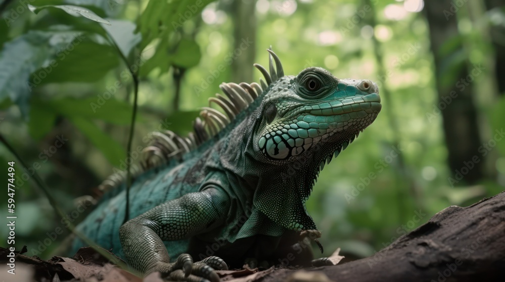 Iguana in a cinematic tropical forest background with beautiful colors generative ai