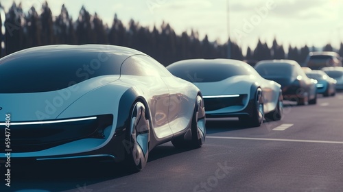 Futuristic car vehicles on highway with full self driving. AI generated © ArtStage