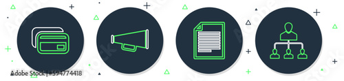 Set line Megaphone, Document, Credit card and Referral marketing icon. Vector