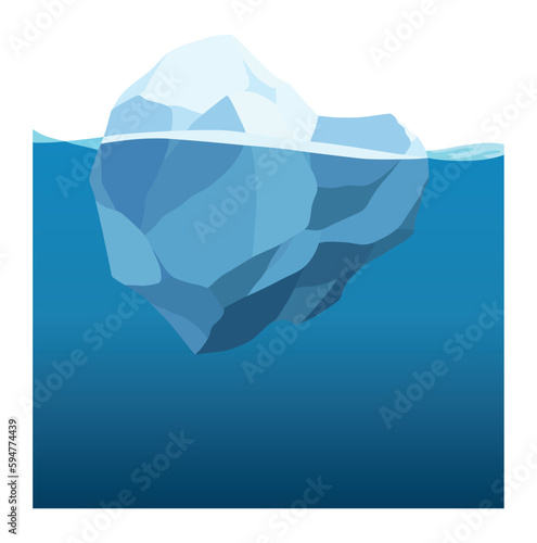 Iceberg floating in water. Arctic glacier. Futuristic polygonal illustration on blue background. Huge white block of ice drifts with massive underwater part