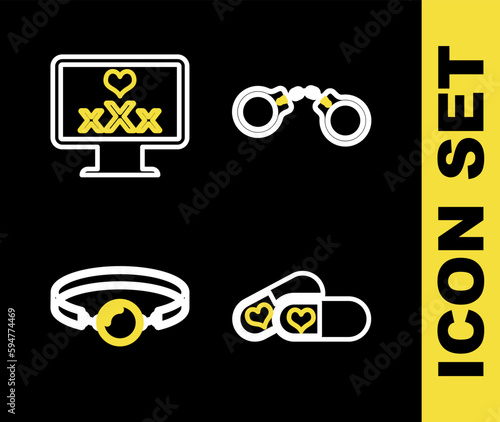 Set line Handcuffs, Pills for potency, Silicone ball gag and Monitor with 18 plus content icon. Vector