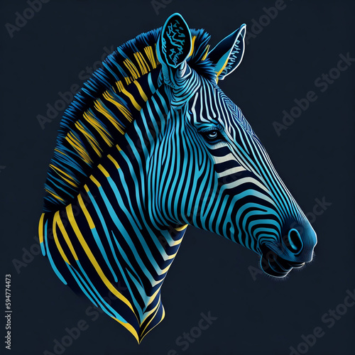 T-shirt design with realistic zebra portrait. Colorful print design of zebra head on dark background. AI generated illustration