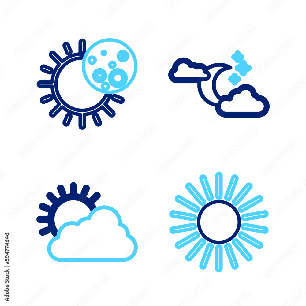 Set line Sun, and cloud weather, Cloud with moon stars and Eclipse of sun icon. Vector Set line Sun, and cloud weather, Cloud with moon stars and Eclipse of sun icon. Vector