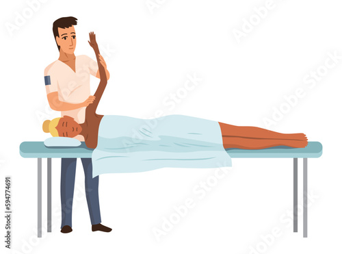Massage therapist at work. Patient lying on couch, enjoying body relaxing treatment. Physiotherapist practicing massage, isolated cartoon characters. Flat vector illustration