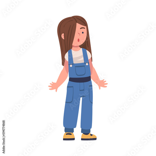 Surprised Girl Character in Jumpsuit Standing Looking Ahead Vector Illustration