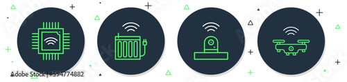 Set line Smart heating radiator, security camera, Processor with microcircuits CPU and drone icon. Vector