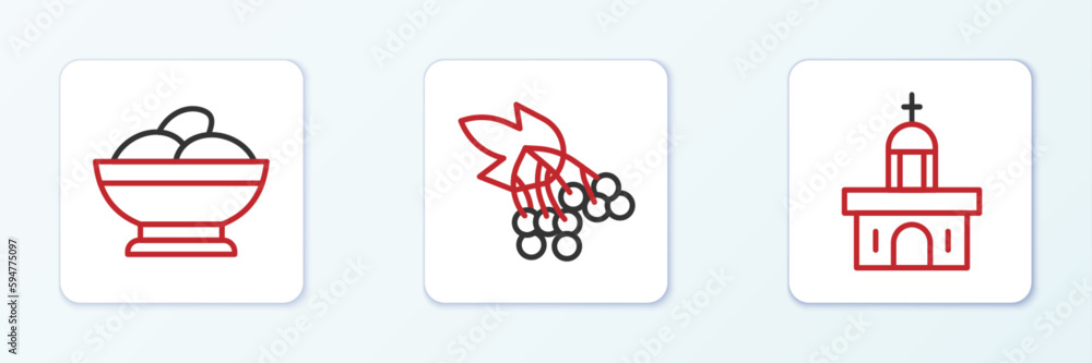 Set line Church building, Varenyky a bowl and Branch viburnum icon. Vector