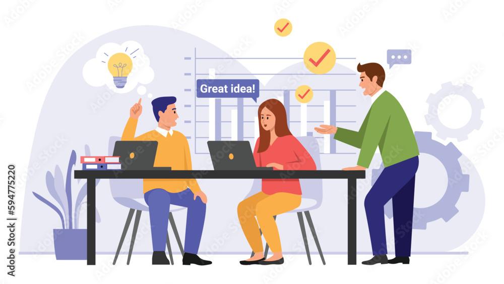 Vector illustration of a group of people discussing ideas. Cartoon scene with a man and a woman in an office sitting at a table with laptops and having a great idea isolated on a white background.