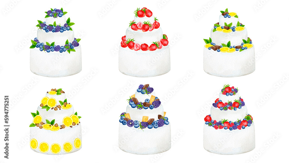 A set of birthday cakes decorated with berries, flowers, fruits. Wedding, birthday, anniversary design. Watercolor holiday clipart for greeting cards, invitations, menus, logos, fabric prints. A set of birthday cakes decorated with berries, flowers, fruits. Wedding, birthday, anniversary design. Watercolor holiday clipart for greeting cards, invitations, menus, logos, fabric prints.