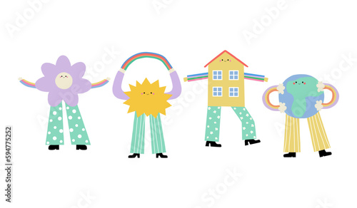 Set of funny cartoon characters. Flower, sun, house and earth with feet and hands. Vector illustration.