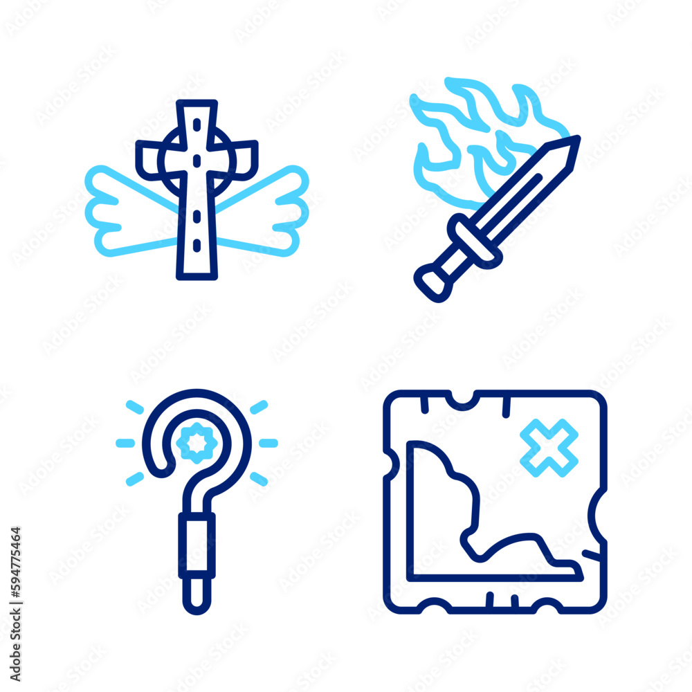 Set line Pirate treasure map, Magic wand, Sword for game and Christian cross icon. Vector Set line Pirate treasure map, Magic wand, Sword for game and Christian cross icon. Vector