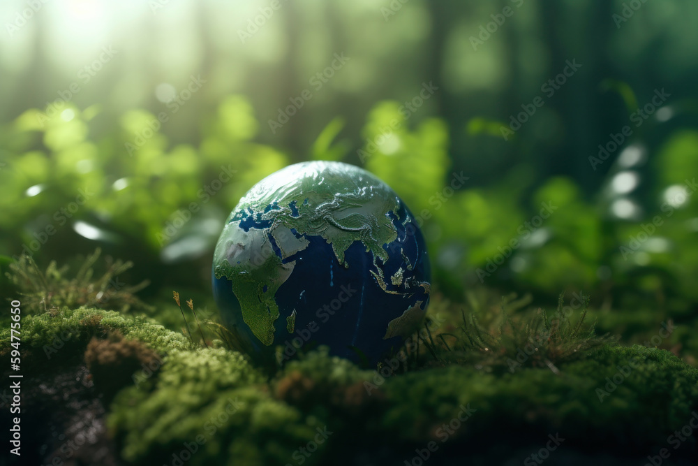 A globe made of glass resting on a bed of vibrant green moss amidst a field of wildflowers, representing the beauty and fragility of our planet. World Environment Day concept AI Generative