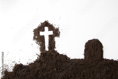 top view cross shape with dark soil on white surface funeral grim reaper death