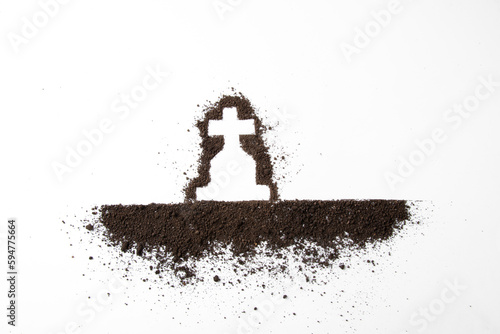 top view cross shape with dark soil on white surface grim reaper death