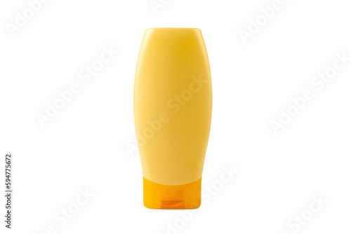 One single new clean blank generic yellow shampoo bottle, object isolated on white, cut out, front view, empty mockup template, no label, no logo. Bathroom supplies, beauty, hygiene product container photo