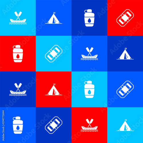 Set Rafting boat, Tourist tent with flag, Canteen water bottle and icon. Vector