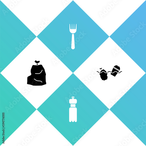 Set Garbage bag, Bottle of water, Disposable plastic fork and Problem pollution the ocean icon. Vector