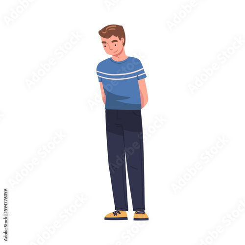 Happy Smiling Man Character Standing Looking Down Vector Illustration