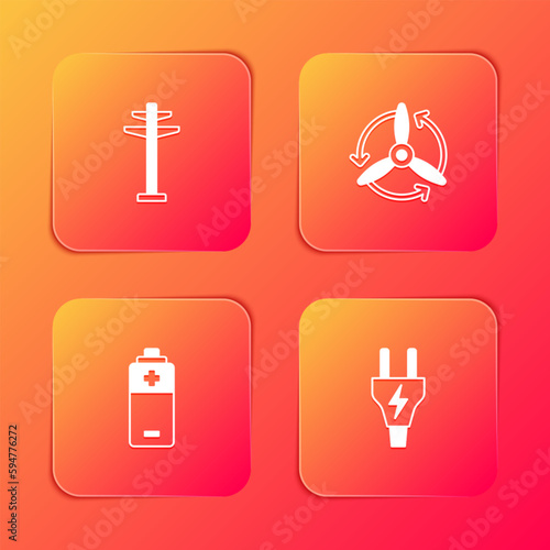 Set Electric tower  Wind turbine  Battery and plug icon. Vector