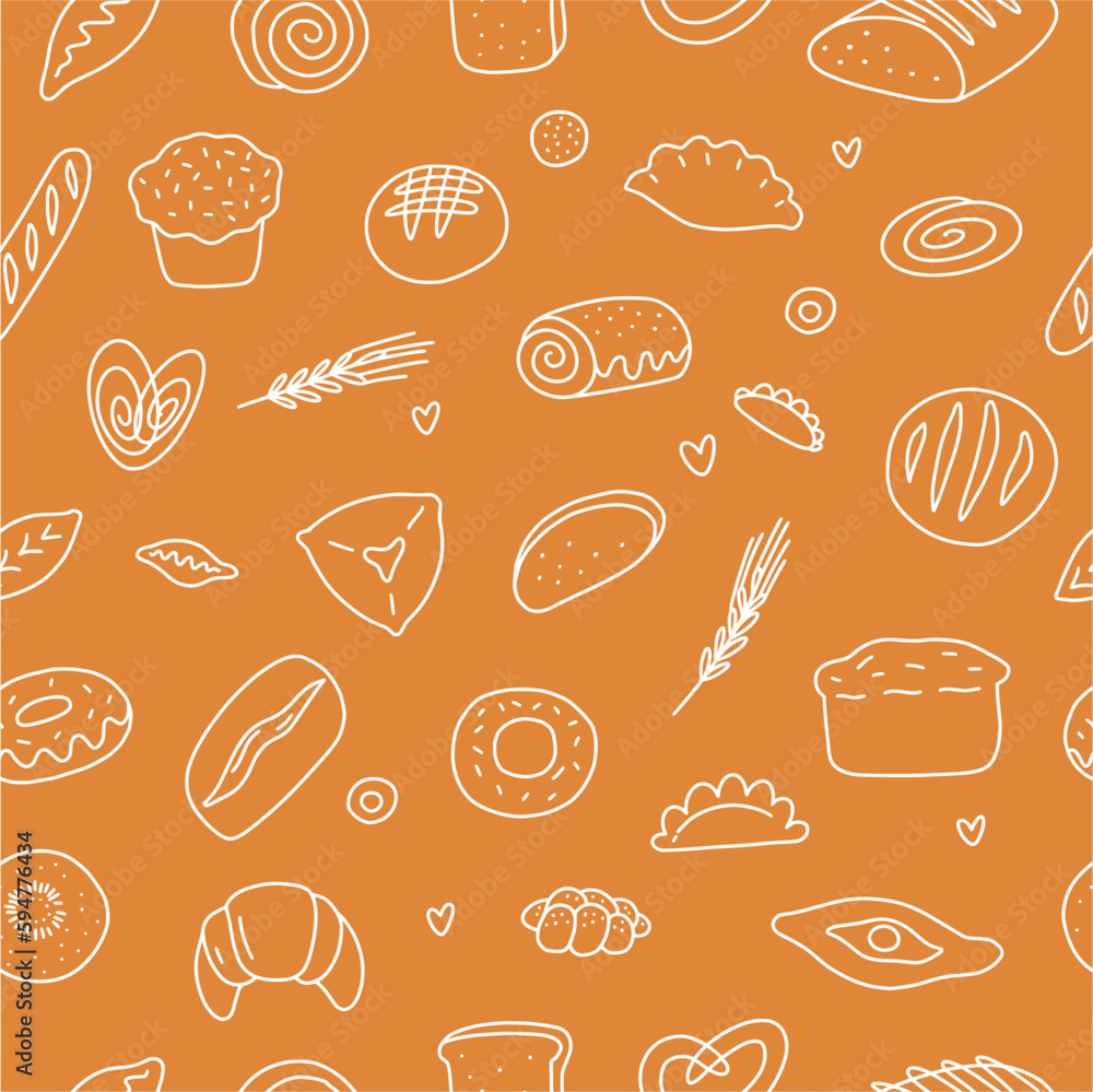 Vector pattern of pastries and bread drawn by hand in the style of a doodle Vector pattern of pastries and bread drawn by hand in the style of a doodle