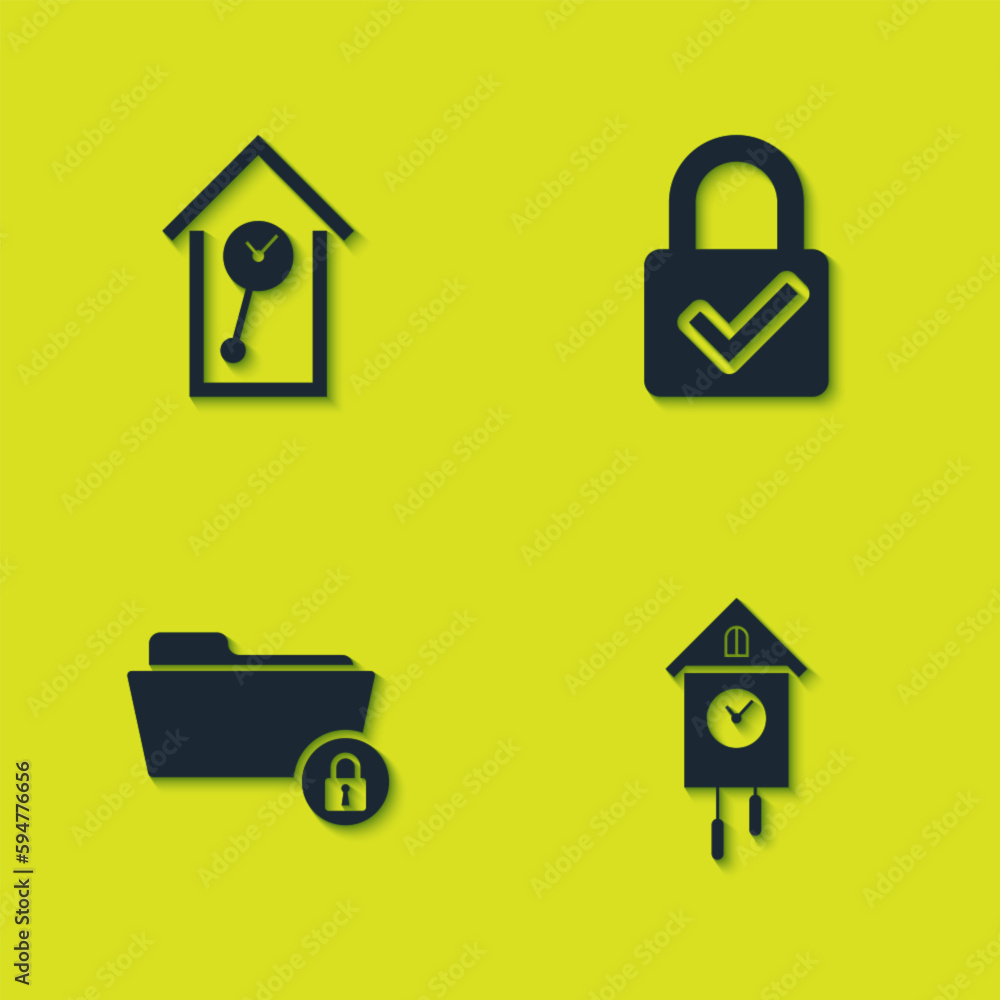 Set Retro wall watch, , Folder and lock and Lock check mark icon. Vector Set Retro wall watch, , Folder and lock and Lock check mark icon. Vector