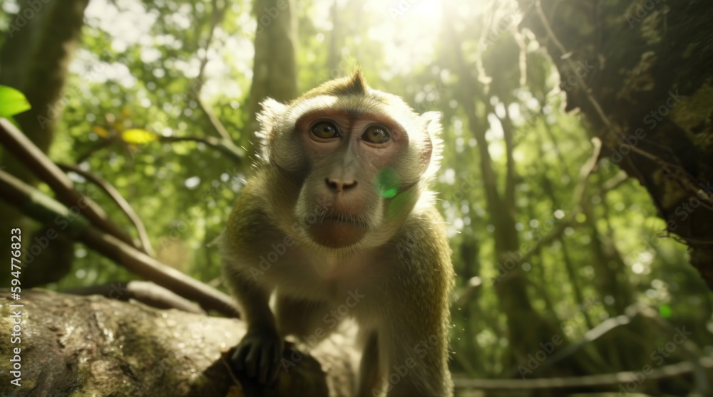 Fototapeta premium Monkey in a cinematic tropical forest background with beautiful colors generative ai