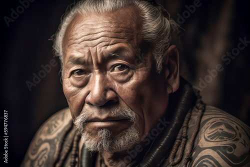 Portrait of an old Maori man. Generative AI.