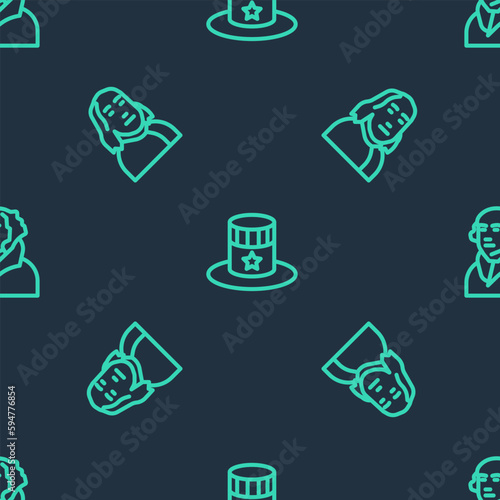 Set line Patriotic American top hat, Benjamin Franklin and George Washington on seamless pattern. Vector