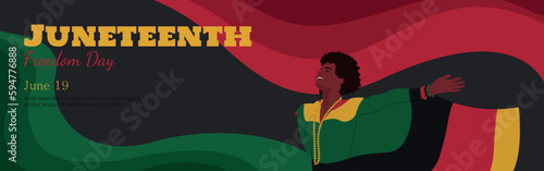 Vector long horizontal banner with black woman on red, green and black background color of African flag. Freedom or Emancipation Day. Annual American holiday. Banner for website, social media, print.