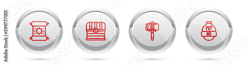 Set line Decree, parchment, scroll, Chest, Medieval axe and Video game bar. Silver circle button. Vector