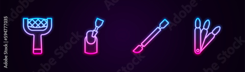 Set line Nail file, Milling cutter for manicure, Cuticle pusher and False nails. Glowing neon icon. Vector